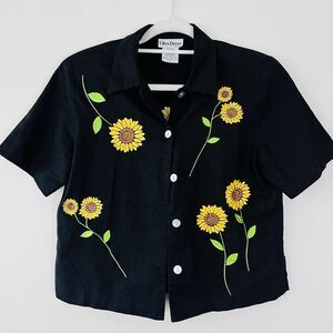 Vintage Ultra Dress NY Linen Blend Hand Embroidered Sunflower Blouse Y2K Size 8